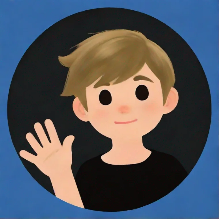 aiamazing boy waving%2C blue circle edges%2C grey background%2C dark blond hair%2C animal crossing style%2C black shirt awesome portrait 2