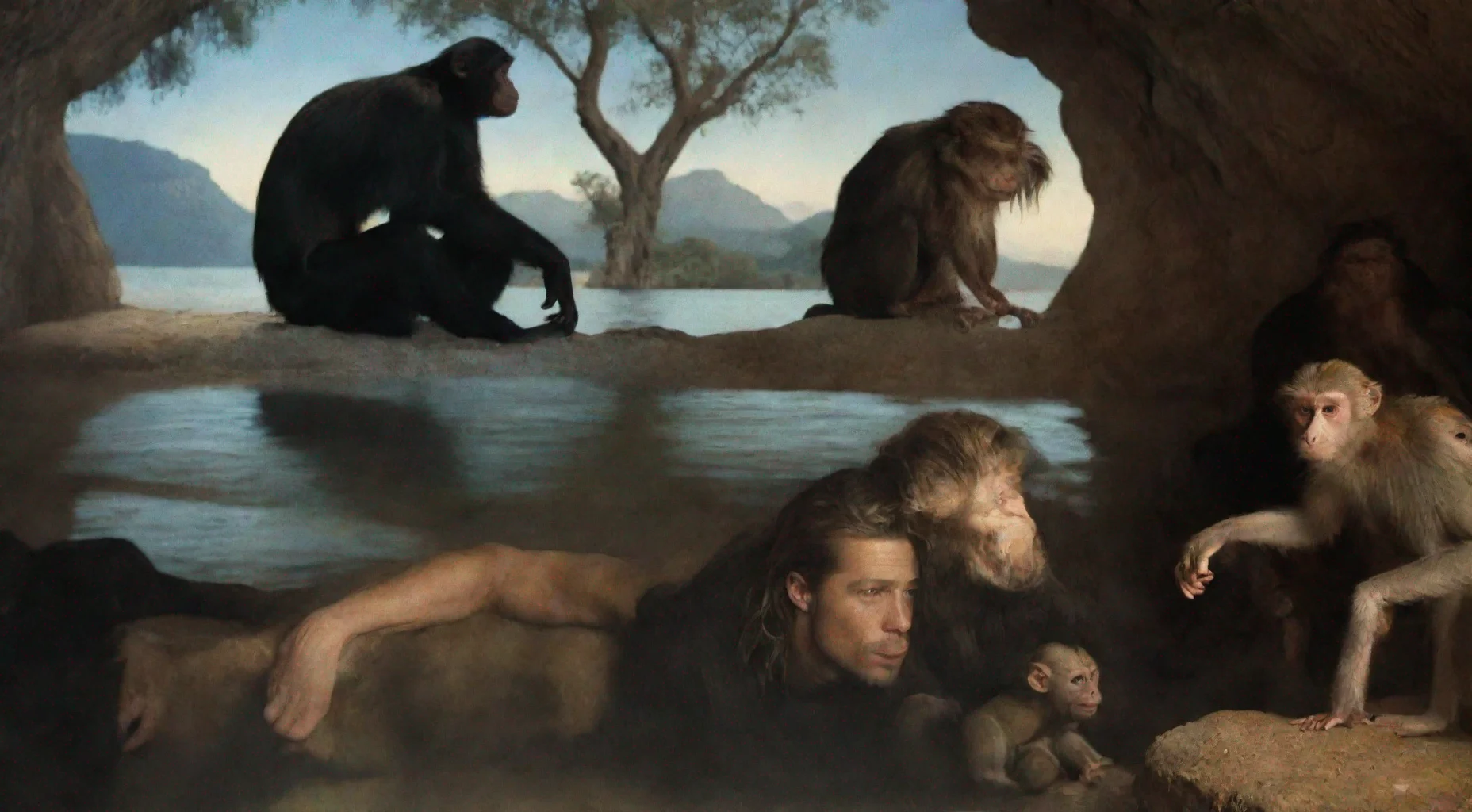 aiamazing brad pitt in cave with monkeys awesome portrait 2