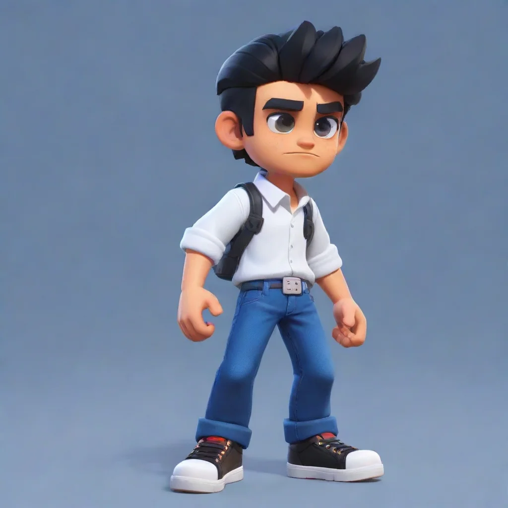 aiamazing brawl stars boy with black hair%2C white shirt%2C blue jeans%2C and black shoes. awesome portrait 2