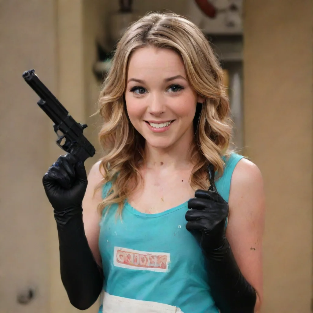 amazing bridget mendler as teddy duncan  from good luck charlie  smiling with black nitrile gloves and gun and mayonnaise splattered everywhere awesome portrait 2