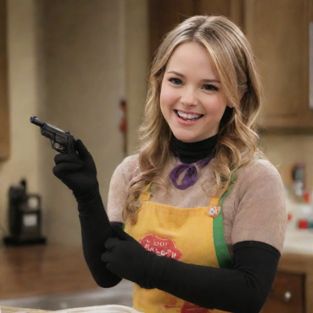 amazing bridget mendler as teddy duncan from good luck charlie smiling with black gloves and gun squirting  mayonnaise awesome portrait 2