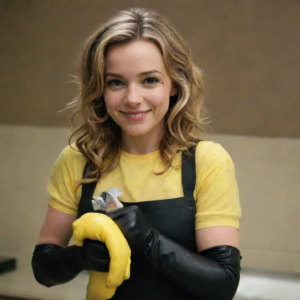 amazing bridget mendler from lemonade  smiling with black nitrile gloves and gun and mayonnaise splattered everywhere awesome portrait 2