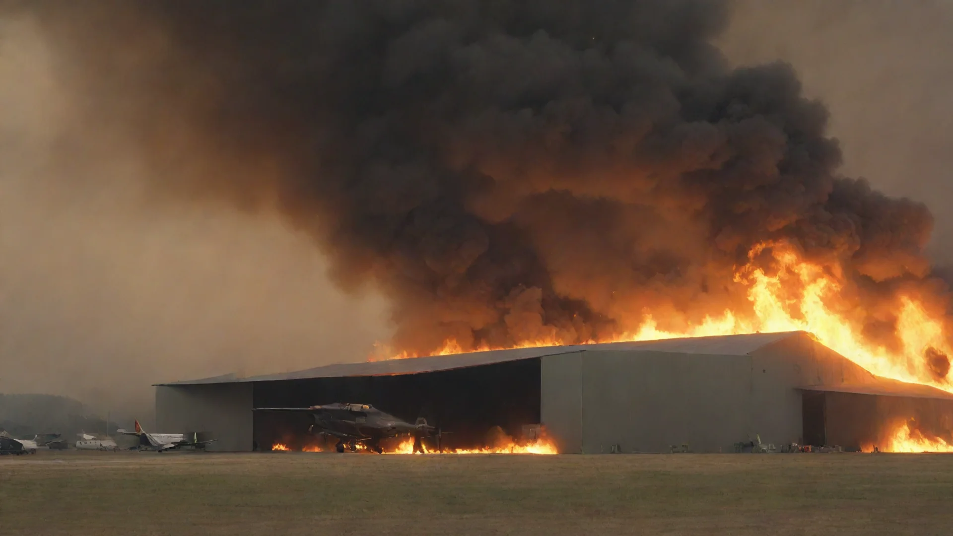 aiamazing burning hangar with huge new aurplane in front awesome portrait 2 wide