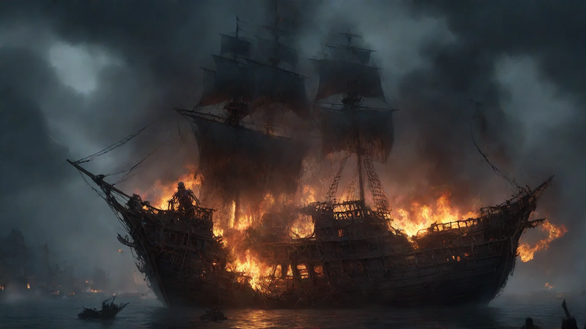 aiamazing burning pirate ship concept art dark smoldering skeletons awesome portrait 2 wide