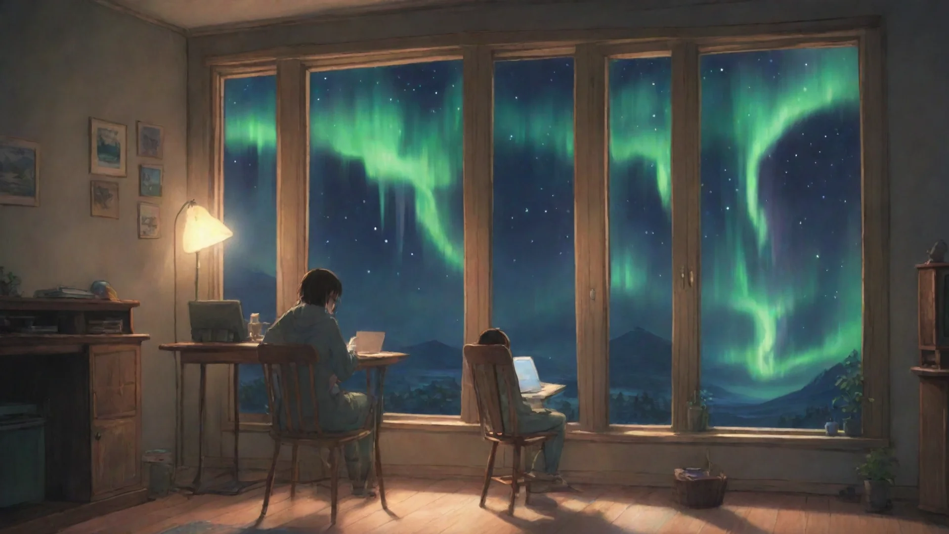 amazing can you draw of a girl sitting on a chair and using a computer inside of his house and the window is like northern lights in studio ghibli art style awesome portrait 2 hdwidescreen
