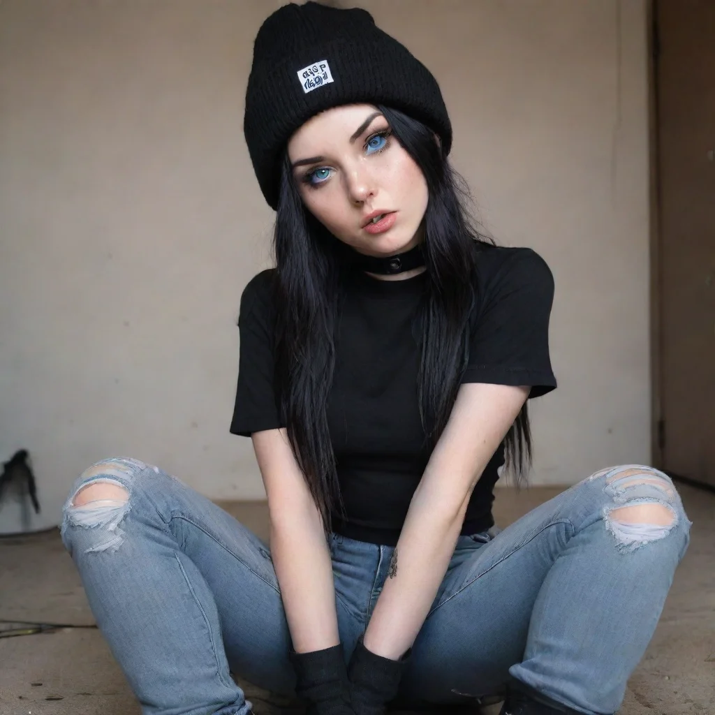 amazing can you drew a 21 year old goth girl with long black hair and blue eyes with freckles on her nose and she wearing a black cropped top with a grey flannel and ripped