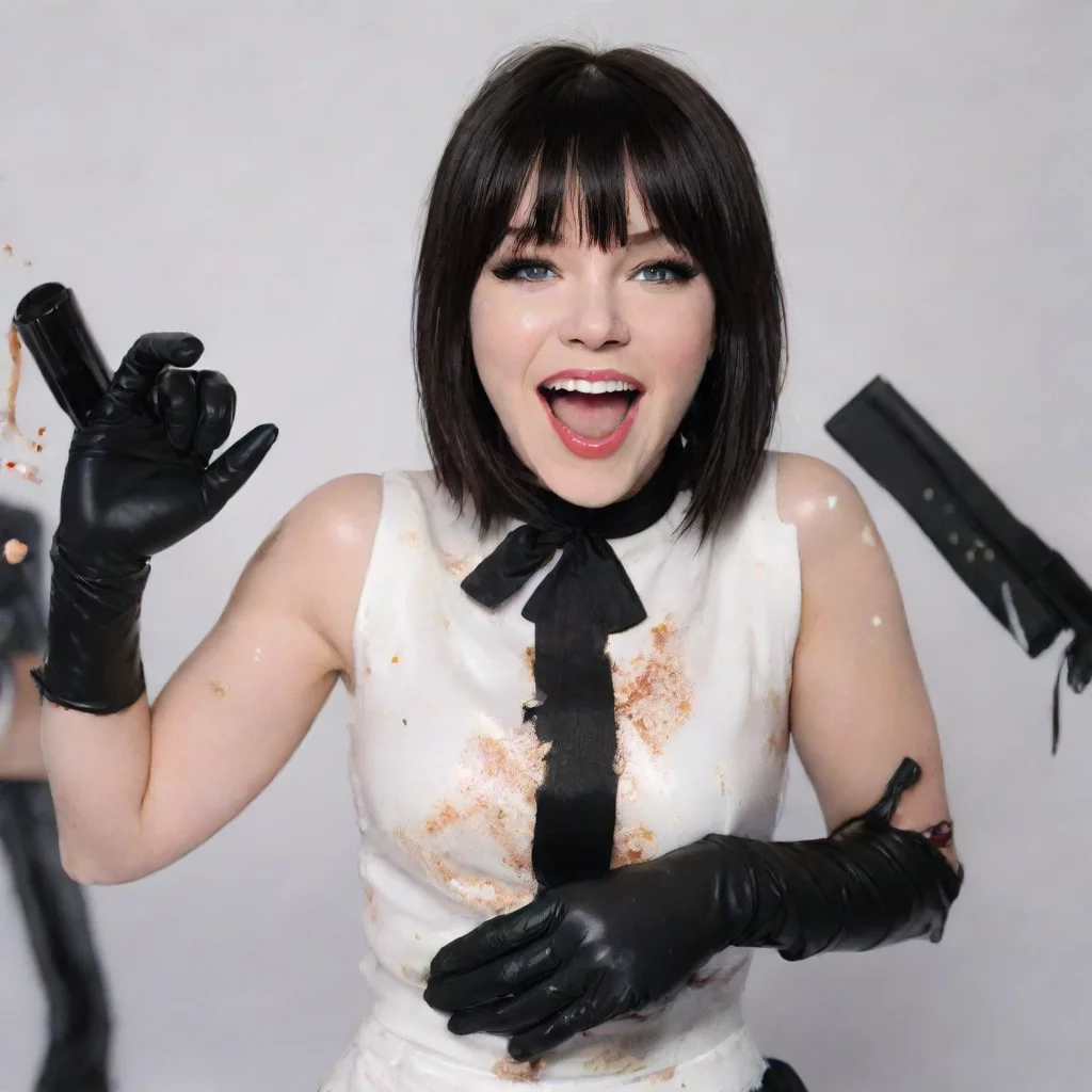 aiamazing carly rae jepsen good time smiling with black gloves and gun and mayonnaise splattered everywhere awesome portrait 2