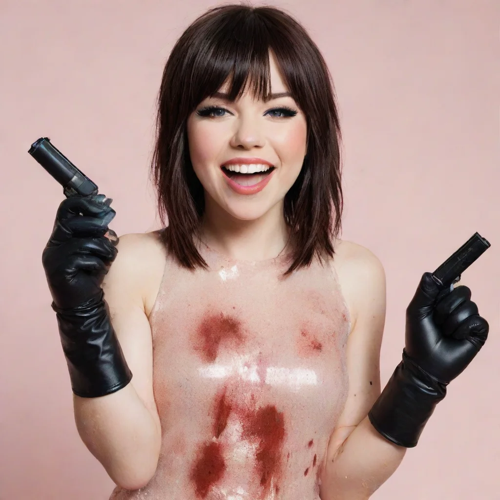 aiamazing carly rae jepsen smiling with black  deluxe gloves and gun and mayonnaise splattered everywhere awesome portrait 2