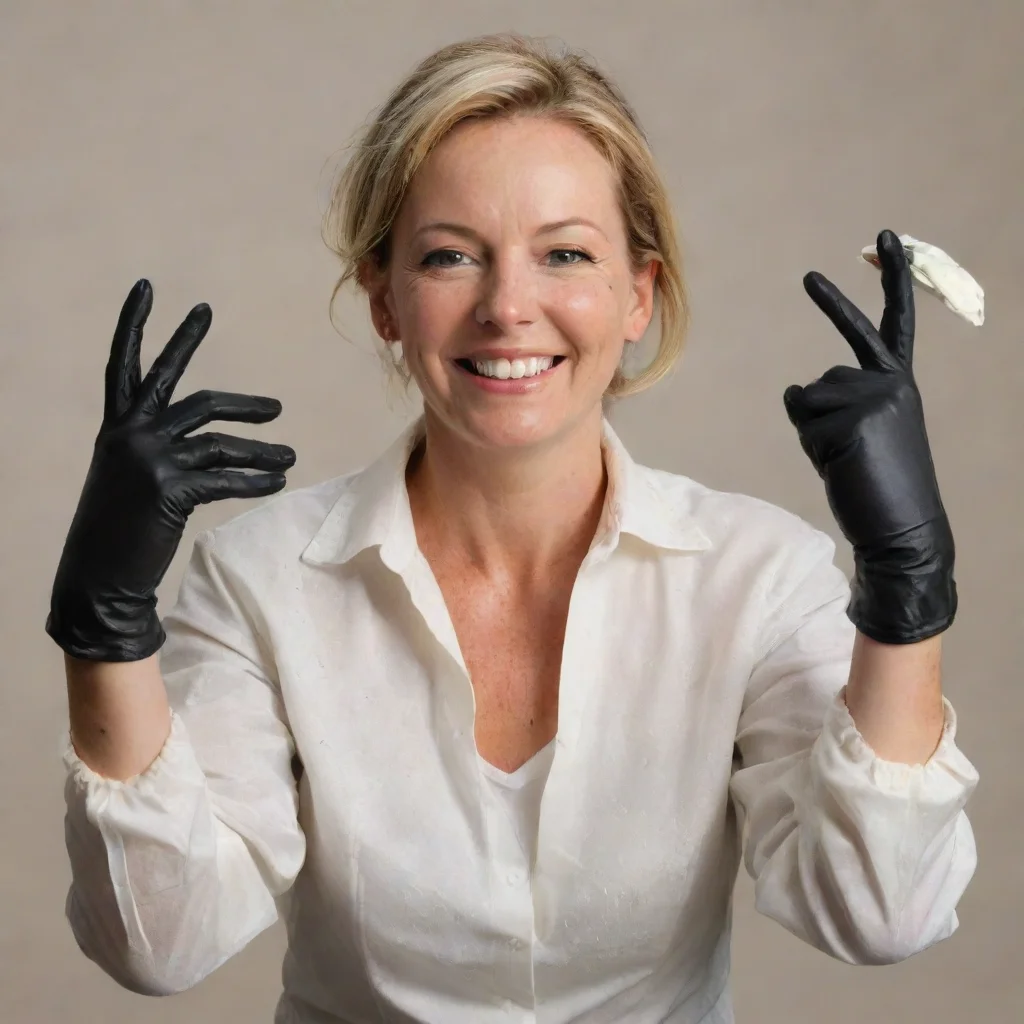aiamazing carolyn lawrence  smiling with black deluxe nitrile gloves and gun and mayonnaise splattered everywhere awesome portrait 2
