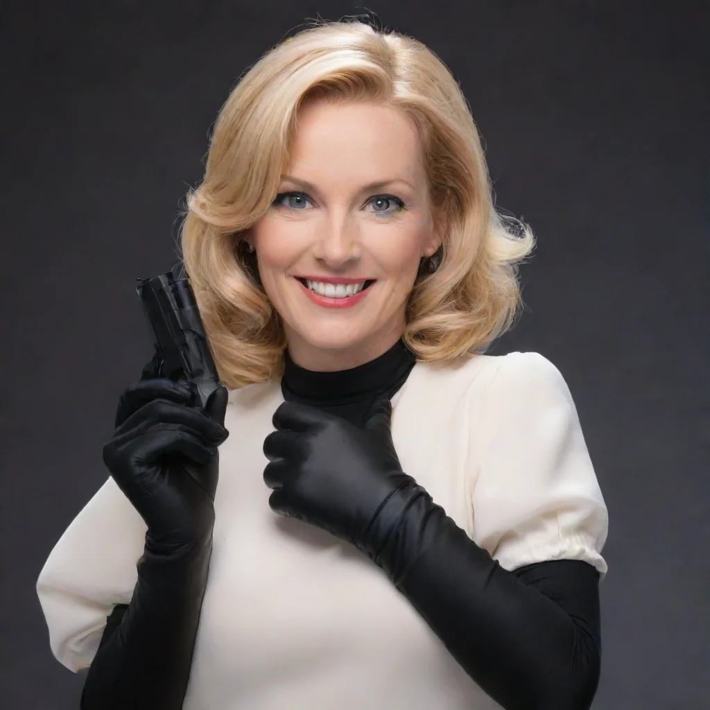 amazing carolyn lawrence voice actress smiling with black gloves and  gun  awesome portrait 2