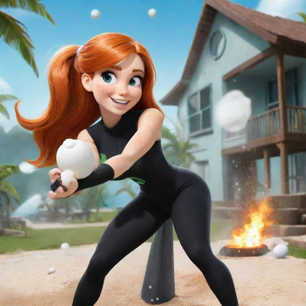 amazing cartoon kim possible  smiling seriously at a beach house in jamaica with black gloves and powerful rocket launcher and mayonnaise splashing and splattered everywhere squeezing gooey sticky m