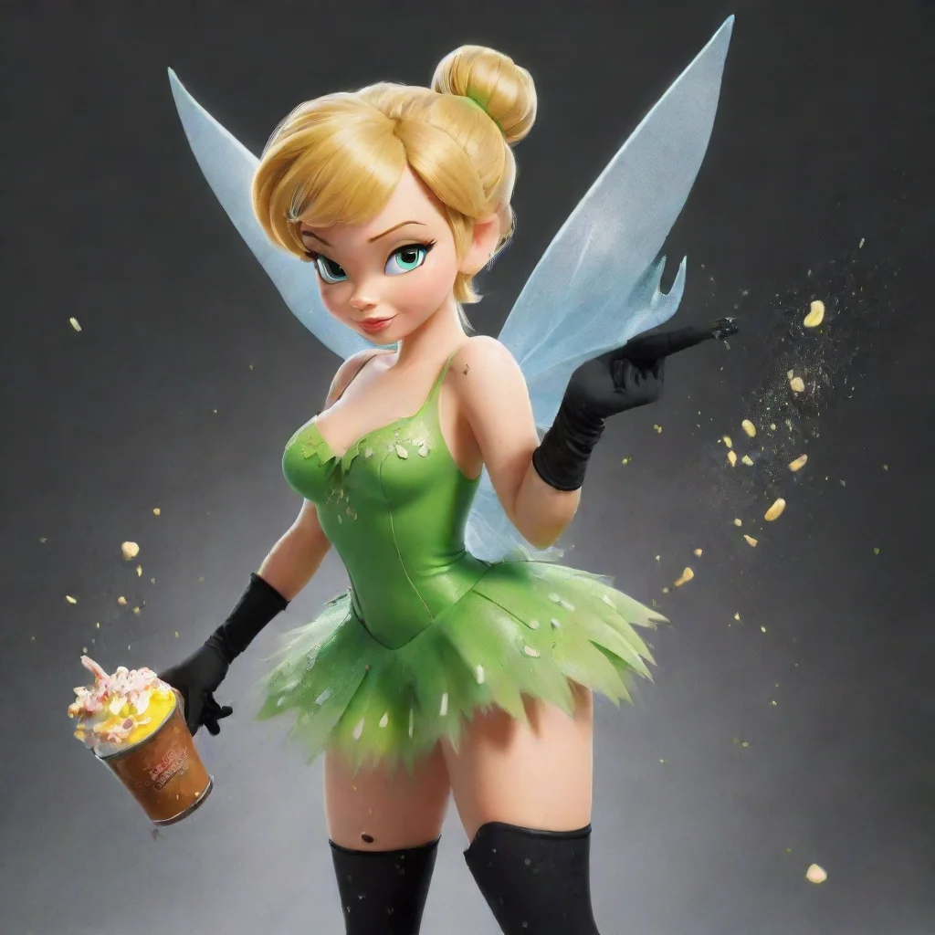 aiamazing cartoon tinker bell from disney with black gloves and gun and mayonnaise splattered everywhere awesome portrait 2