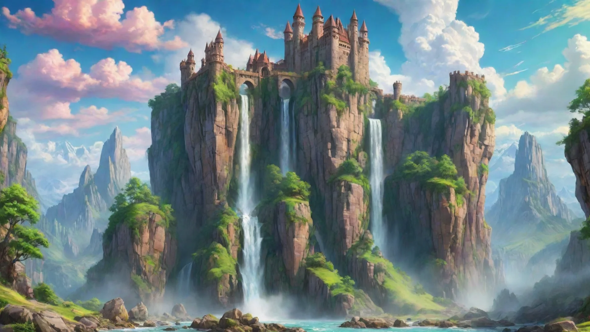 aiamazing castle cliffs waterfalls%2C sheer cartoon realistic hd wow lovely colorful clouds planet green  awesome portrait 2 wide