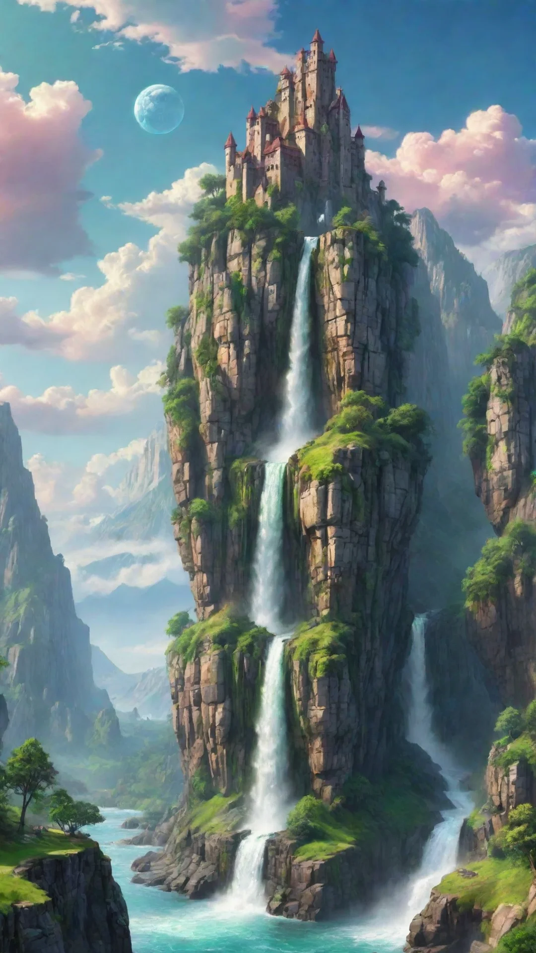 aiamazing castle cliffs waterfalls%2C sheer cartoon realistic hd wow lovely colorful clouds planet green awesome portrait 2 tall