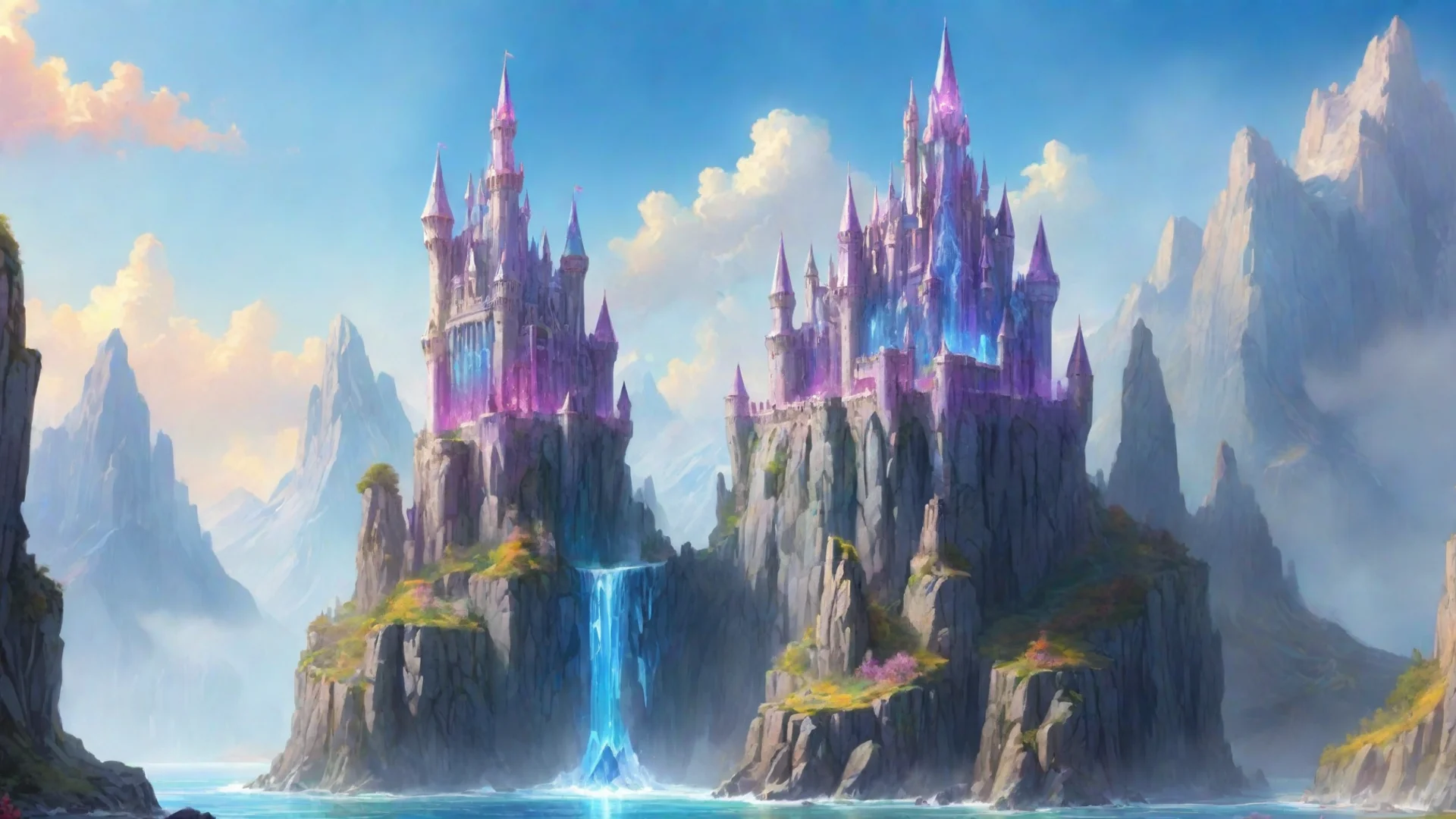 amazing castle fantasy landscape with giant crystal build on giant crystal cliffs bright colors awesome portrait 2 wide