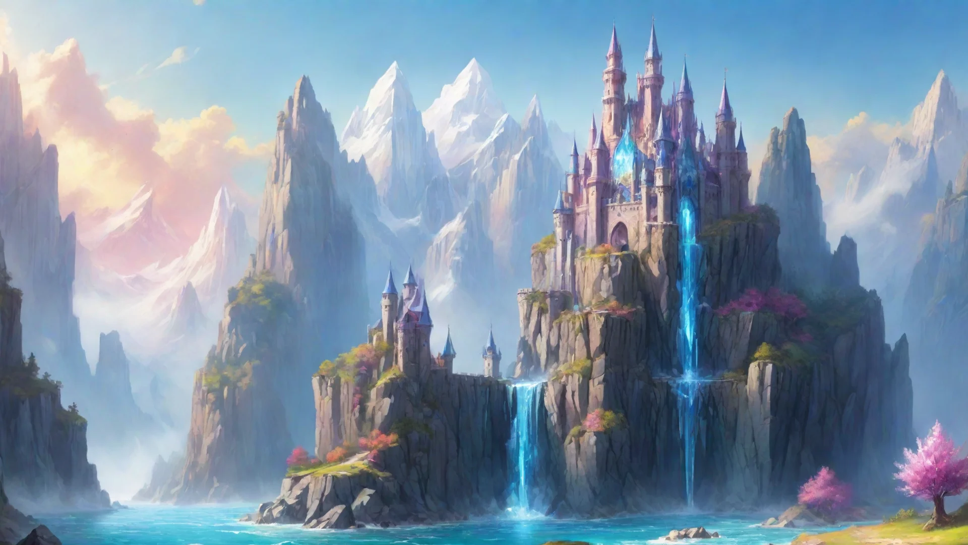 aiamazing castle fantasy landscape with giant crystal build on giant crystal cliffs bright colors fantasy awesome portrait 2 wide