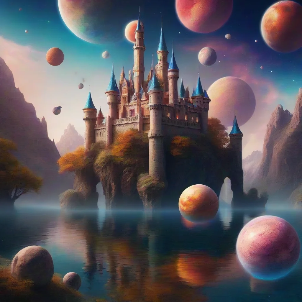 amazing castle in relaxing calming colorful world with floating planets in sky awesome portrait 2