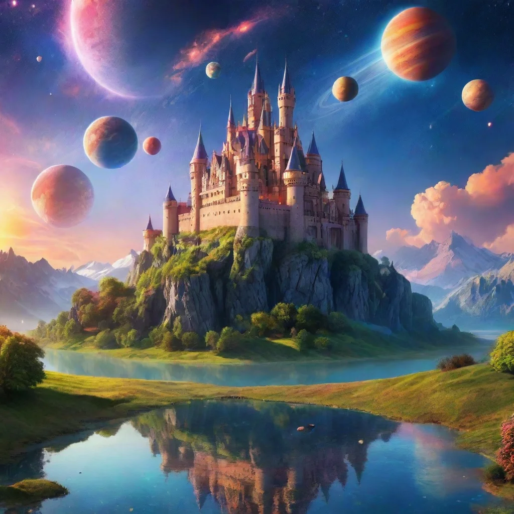 amazing castle in relaxing calming colorful world with planets in sky wonderful awesome portrait 2