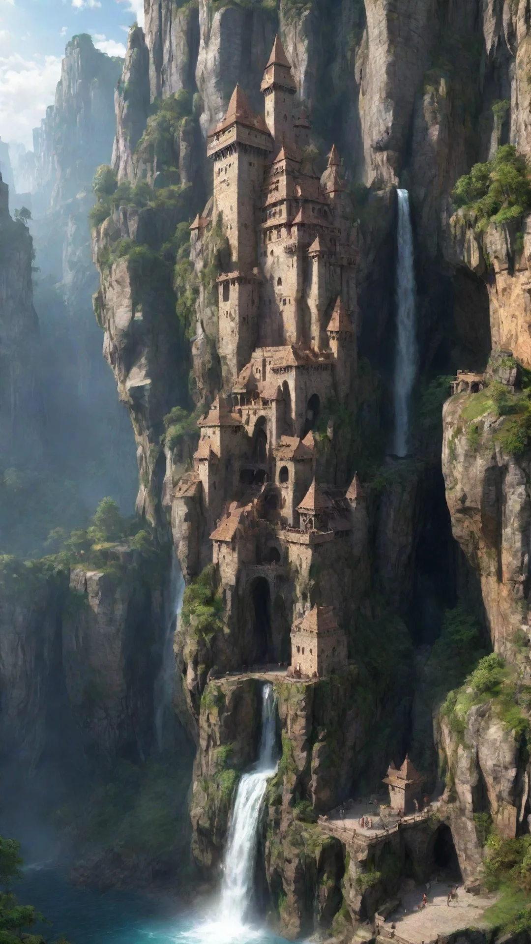 amazing castle on extreme cliff overhangs caves hd detailed realistic asthetic lovely waterfalls tall