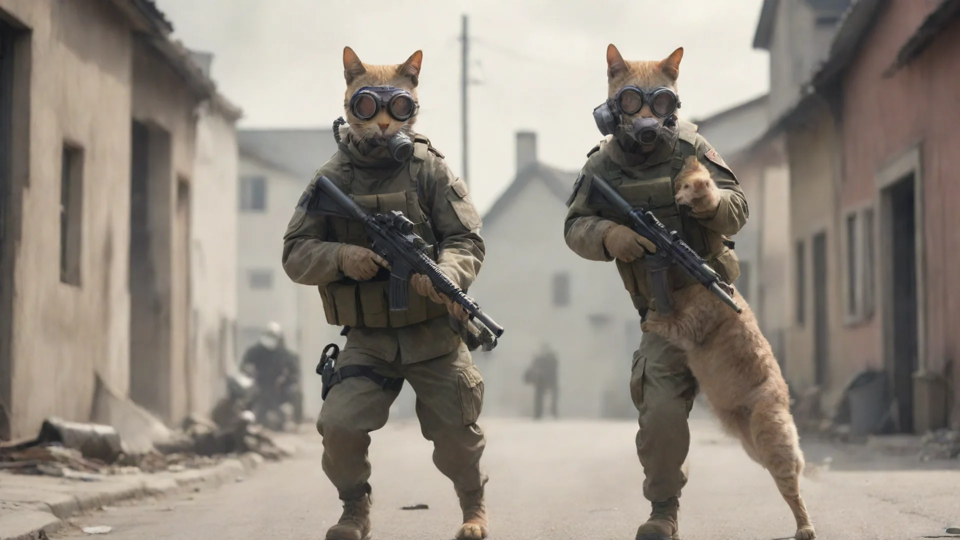 amazing cat soldier with gas mask shooting dog soldier in a small town awesome portrait 2 wide