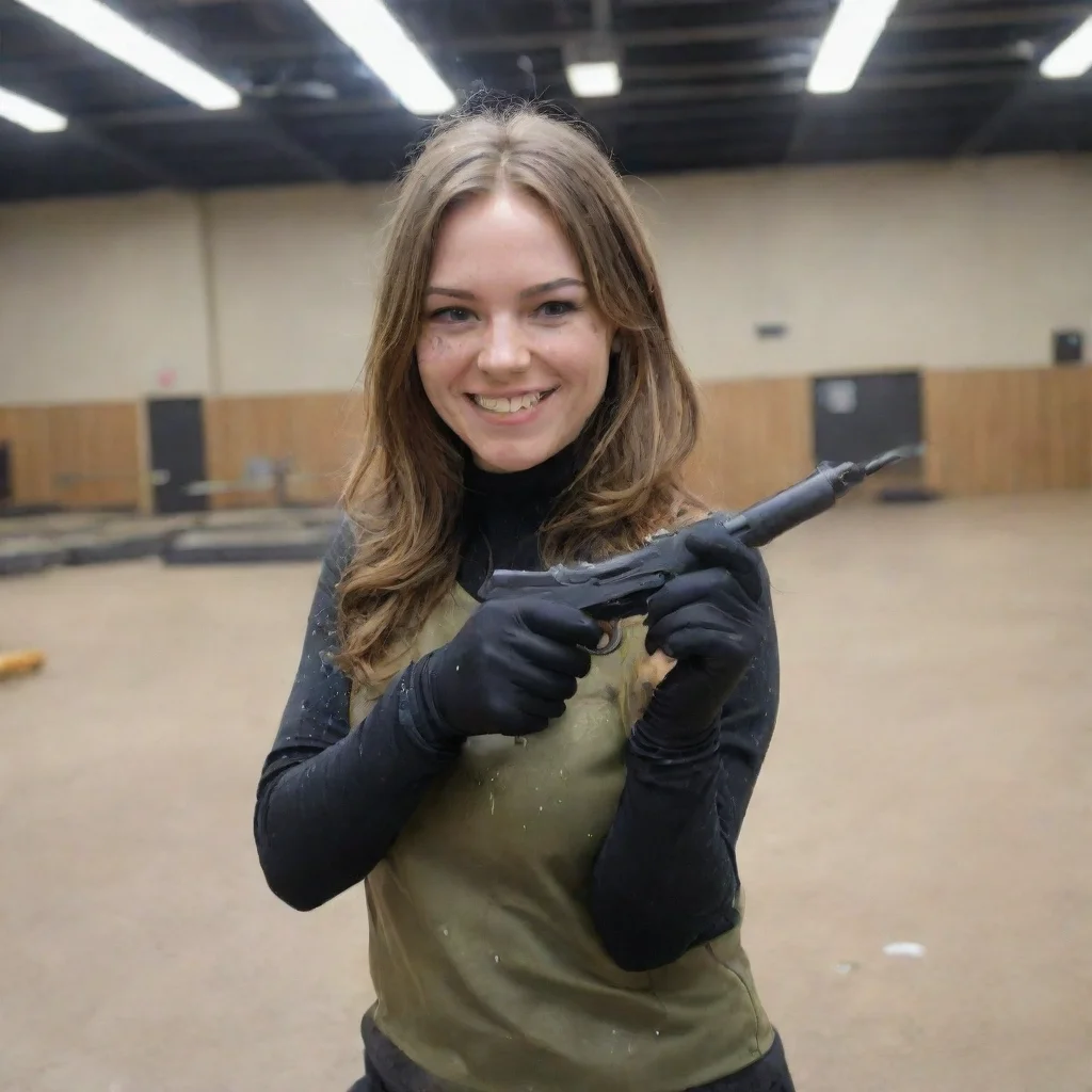 aiamazing catherine anne kelley smiling with black nitrile gloves and gun at a shooting range and mayonnaise splattered everywhere awesome portrait 2