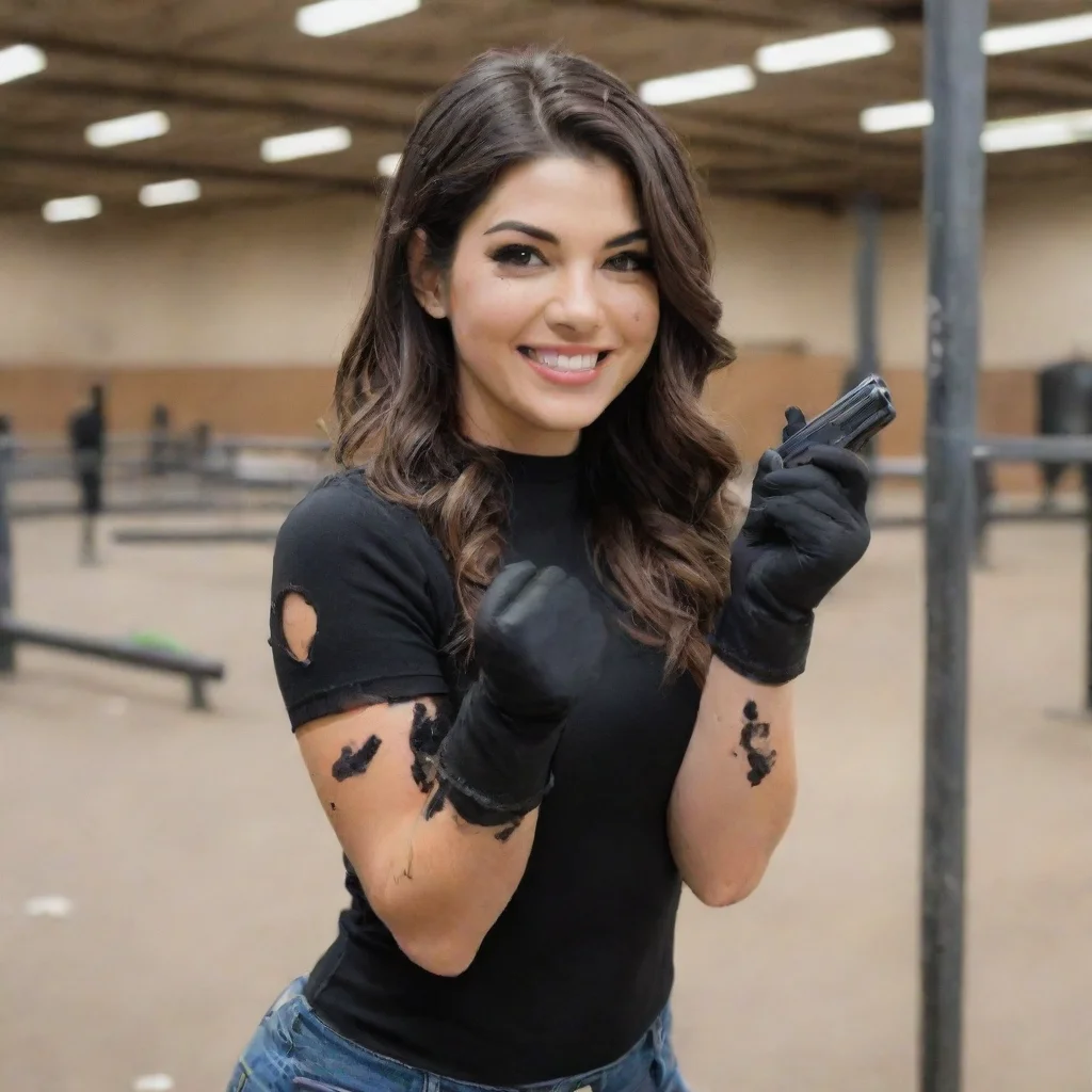 aiamazing cathy kelley  from wwe smiling with black nitrile gloves and gun at a shooting range and mayonnaise splattered everywhere awesome portrait 2