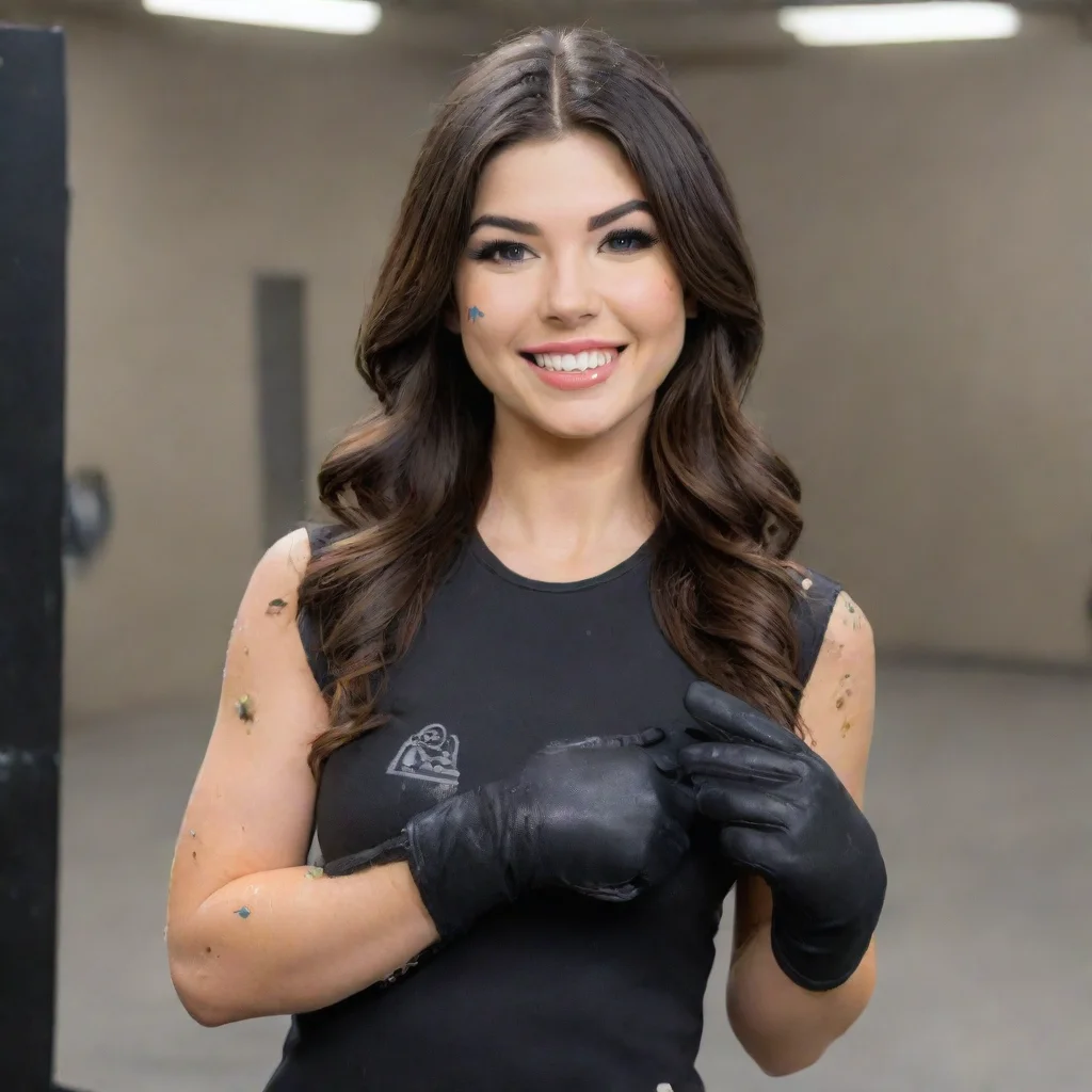 aiamazing cathy kelley wwe smiling with black nitrile gloves and gun at a shooting range and mayonnaise splattered everywhere awesome portrait 2