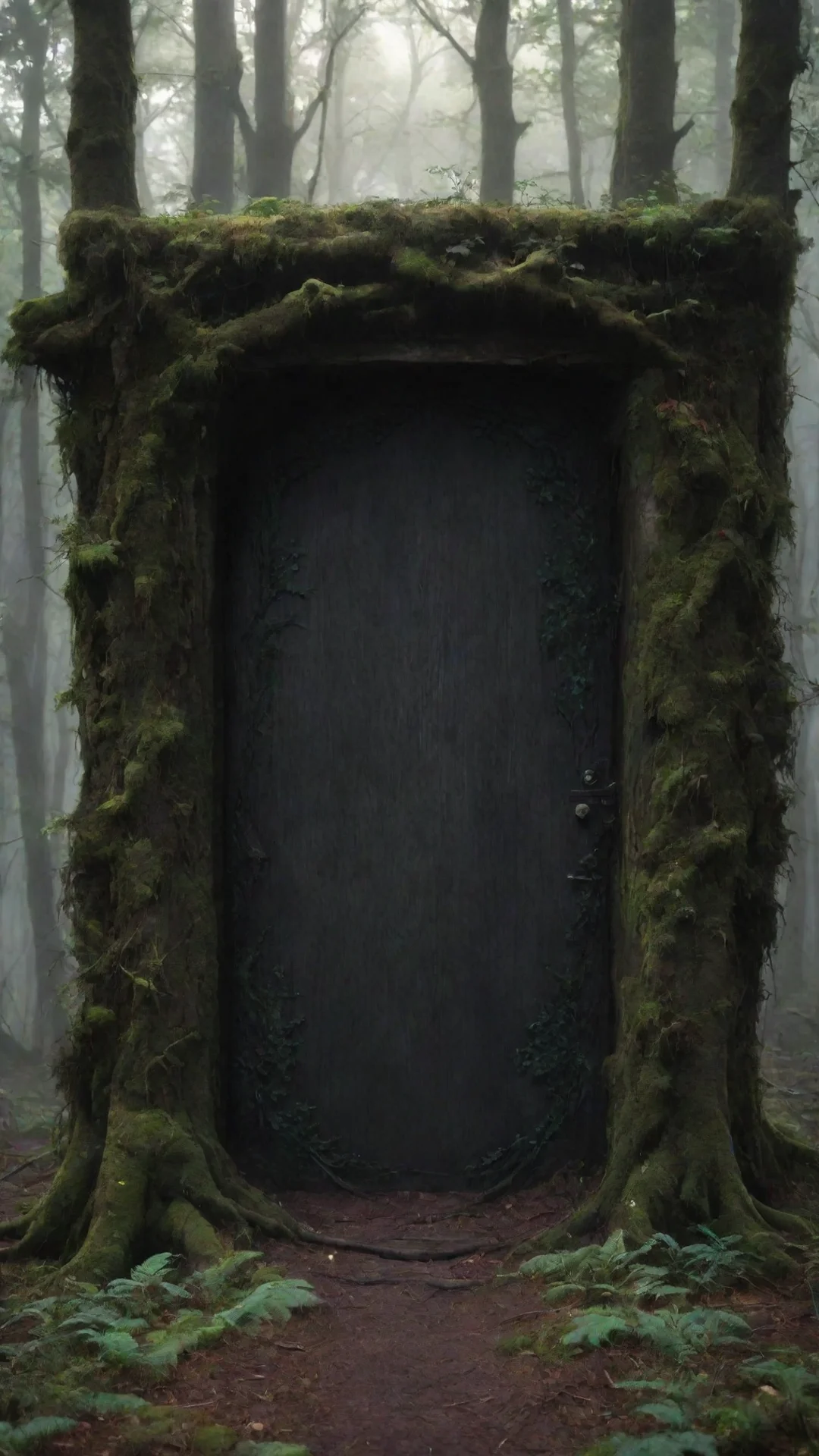 aiamazing centered in the middle of the forest lays a door to another world a portal to another dimension dark and gloomy forest a awesome portrait 2 tall