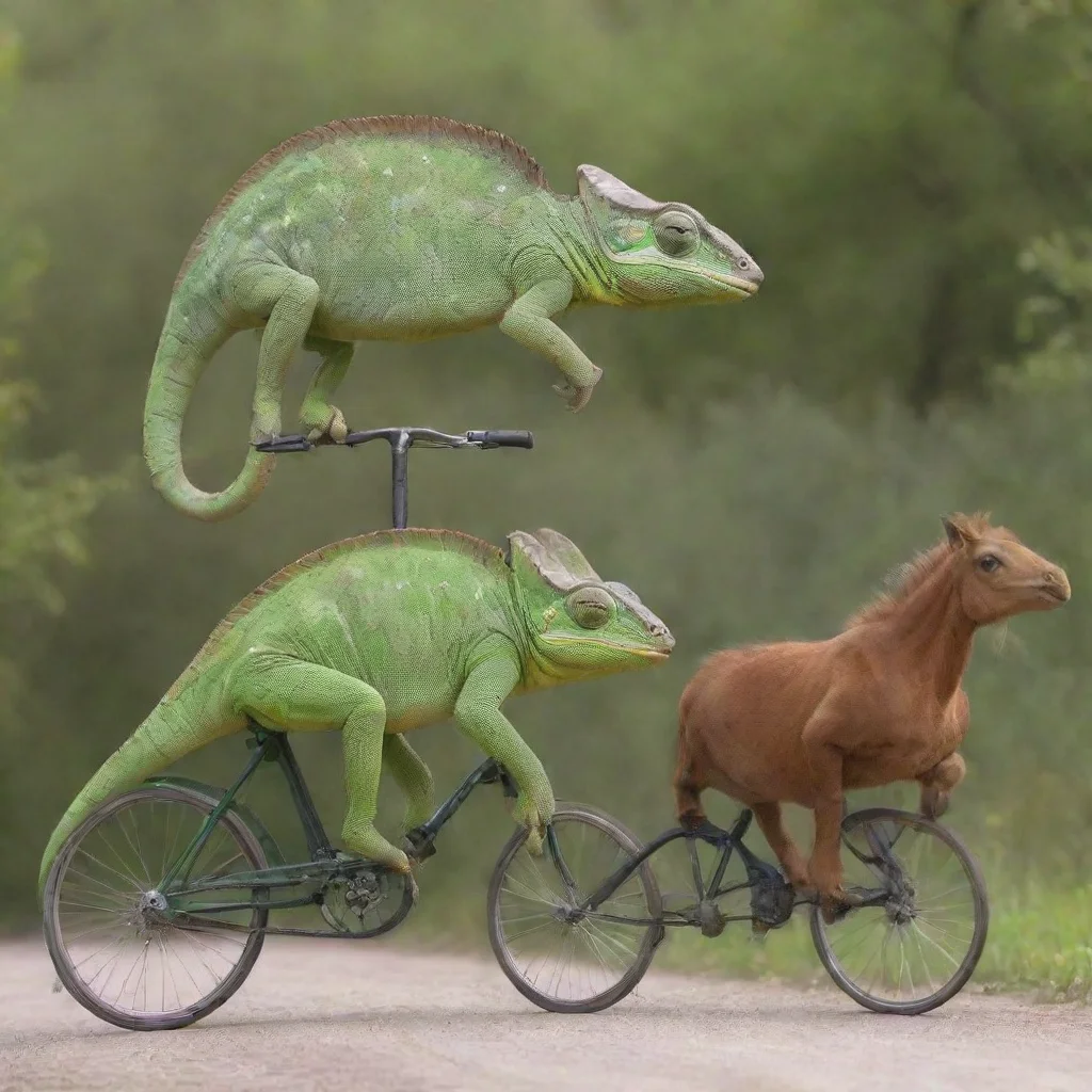 amazing chameleon riding a bike towards a pregnant horse awesome portrait 2