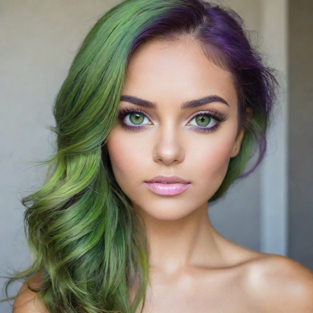 aiamazing chica con cabello morado y verde%2C ojos verdes limon%2C piel clara%2C awesome portrait 2