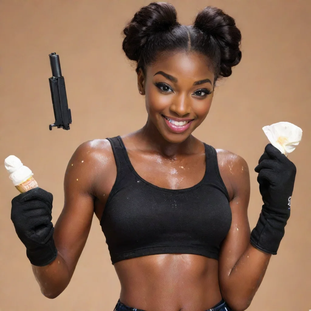 aiamazing coco jones smiling with black gloves and gun and mayonnaise splattered everywhere awesome portrait 2
