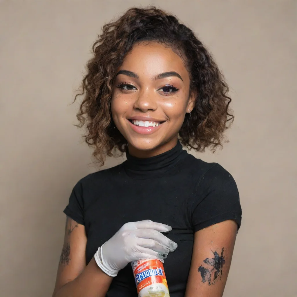 aiamazing coi leray smiling with black deluxe nitrile  gloves  and gun and mayonnaise splattered everywhere awesome portrait 2