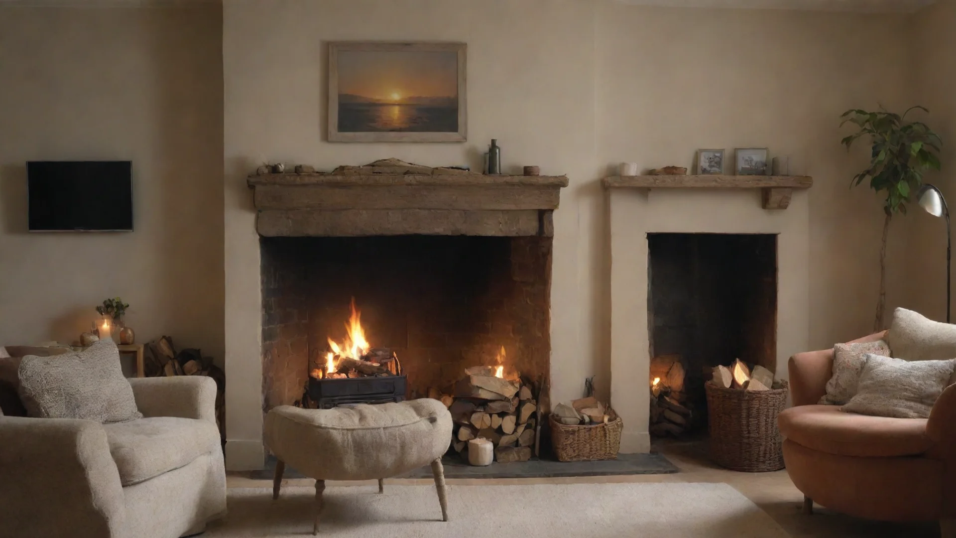 aiamazing cosy living room scene%2C big chair facing the viewer%2C fireplace without a fireand large turned off tv on the wall awesome portrait 2 wide