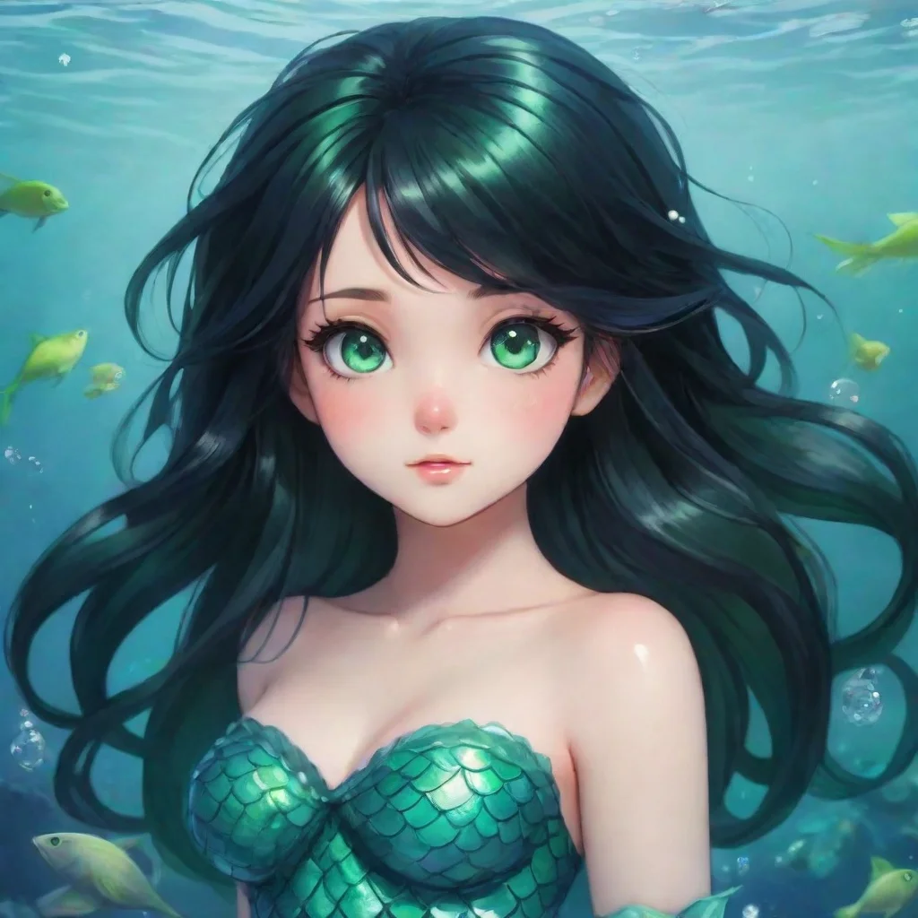amazing cute anime mermaid with black hair and green eyes awesome portrait 2