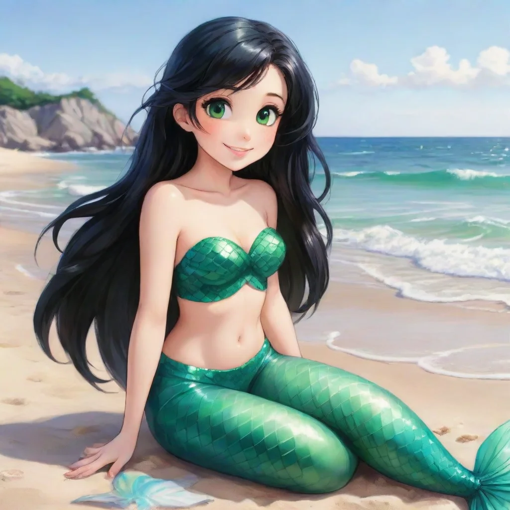 aiamazing cute anime mermaid with black hair and green eyes sitting on the beach smiling awesome portrait 2