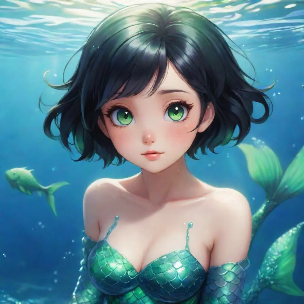 aiamazing cute anime mermaid with short black hair and green eyes awesome portrait 2