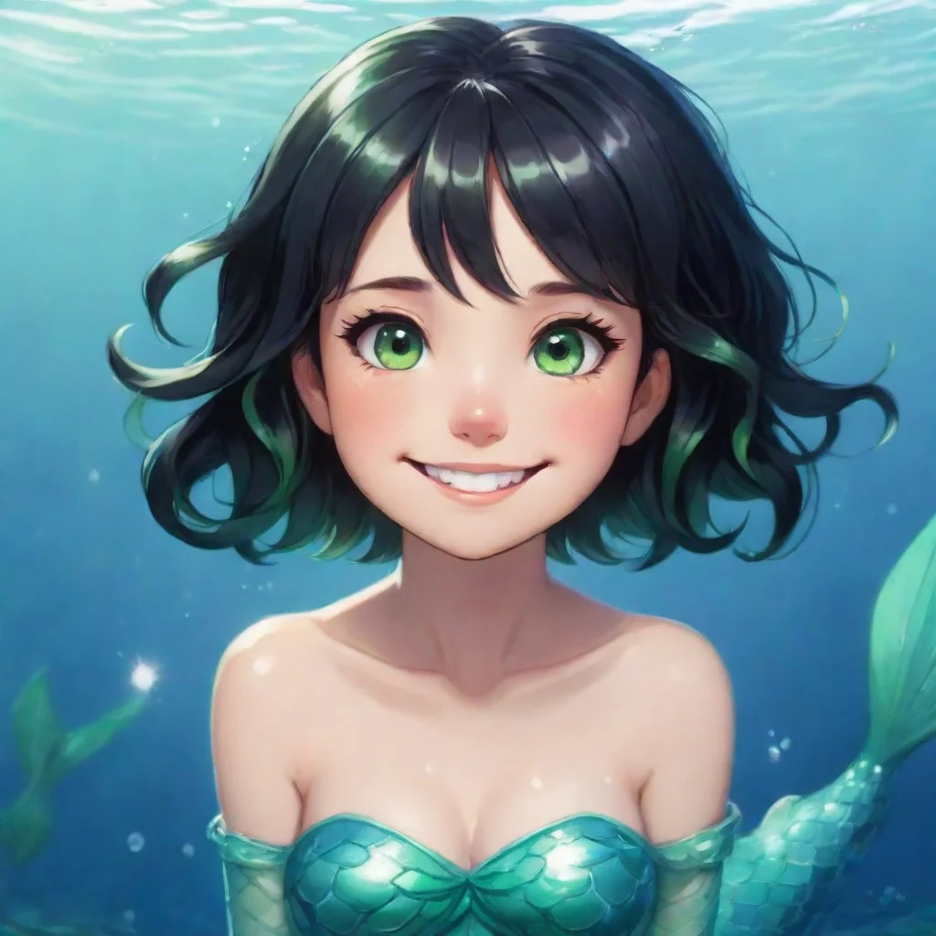 amazing cute anime mermaid with short black hair and green eyes smiling awesome portrait 2