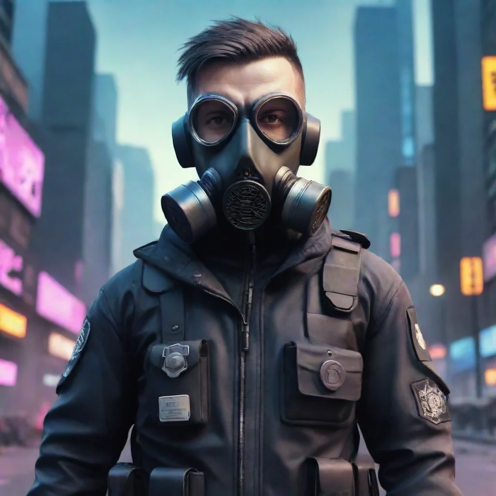 amazing cyber punk police man wearing gas mask in large city with cartoon style awesome portrait 2