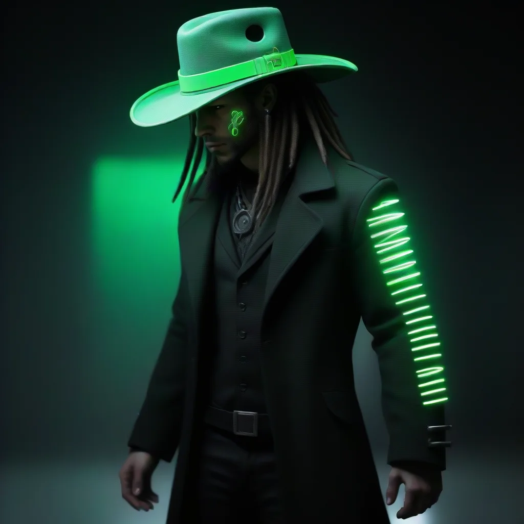 amazing cyberpunk dreadlocked desperado hat coat neon matrix revolver green awesome portrait 2