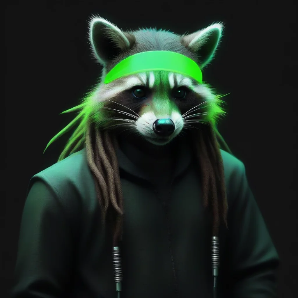 amazing cyberpunk dreadlocked racoon neon green hacker tech nerd gangster awesome portrait 2