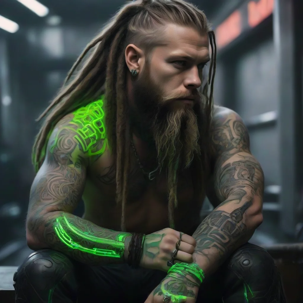 amazing cyberpunk viking neon green light tattooed bearded dreadlocks wild holy thor matrix  awesome portrait 2