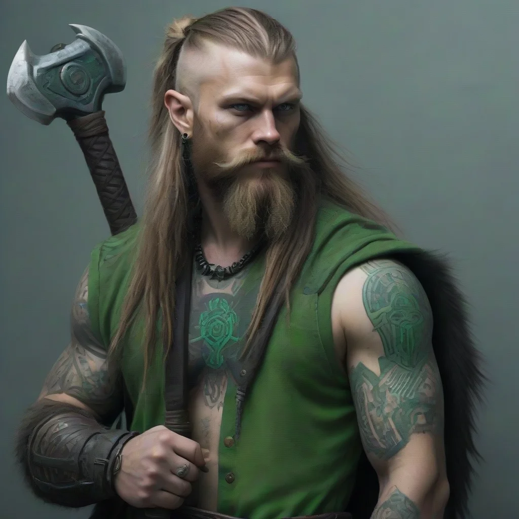 aiamazing cyberpunk viking wild axe matrix green tattoo beard long hair awesome portrait 2