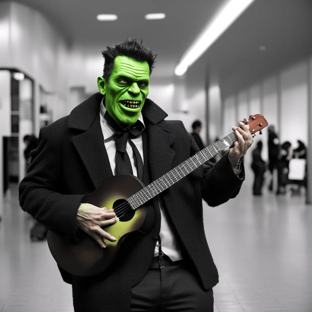 aiamazing daniel melero disguised as frankenstein%C2%B4s monstersinging andplaying a ukelele in a railway station in the style of black awesome portrait 2