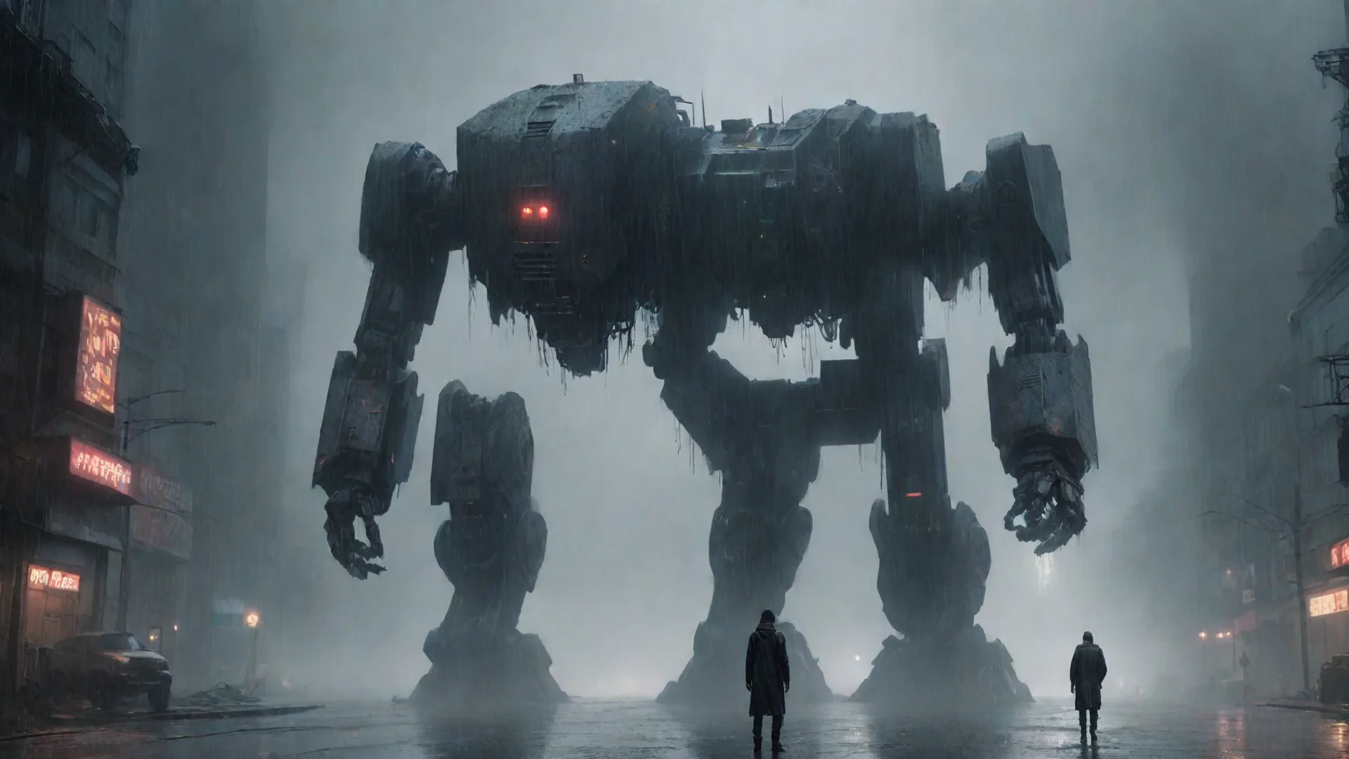 aiamazing dark fantasy%2C lone man facing a giant cyber robot during a rain storm in a post apocalyptic city awesome portrait 2 wide