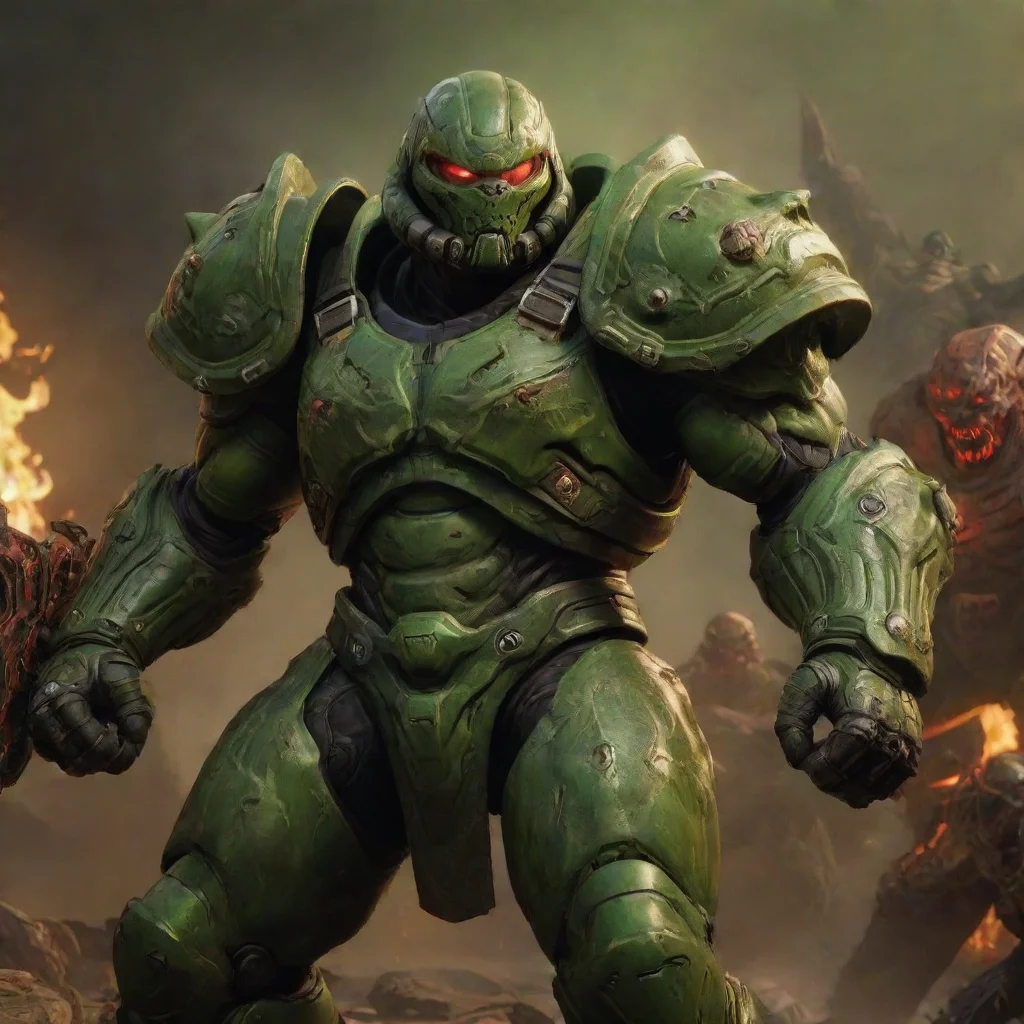 aiamazing ddom eternal video game%2C doom slayer%2C green armor%2C fighting demons%2C masculine%2C realistic%2C epic awesome portrait 2