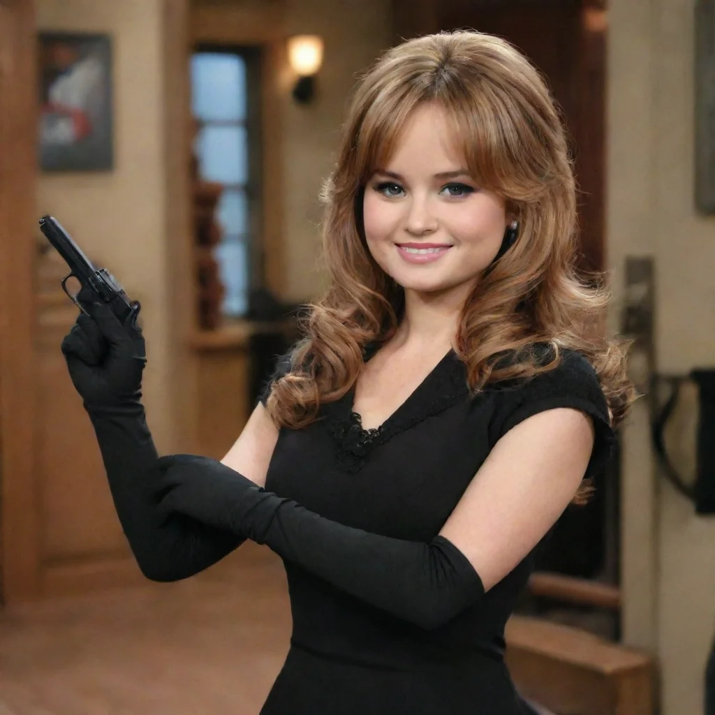aiamazing debby ryan aa bailey pickett from suite life on deck smiling with black gloves and gun hd awesome portrait 2