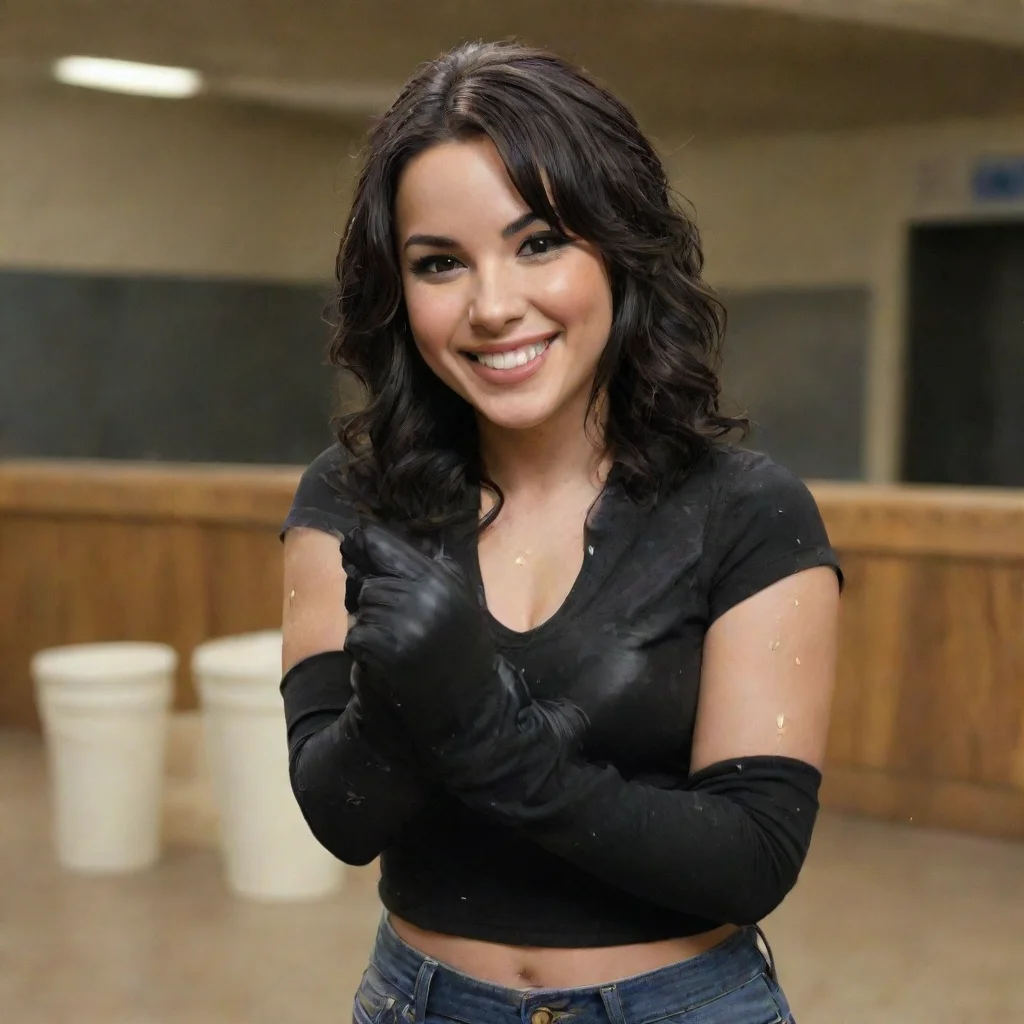 aiamazing demi levato from camp rock smiling with black comfy nitrile gloves and gun at a shooting range  and  mayonnaise splattered everywhere awesome portrait 2