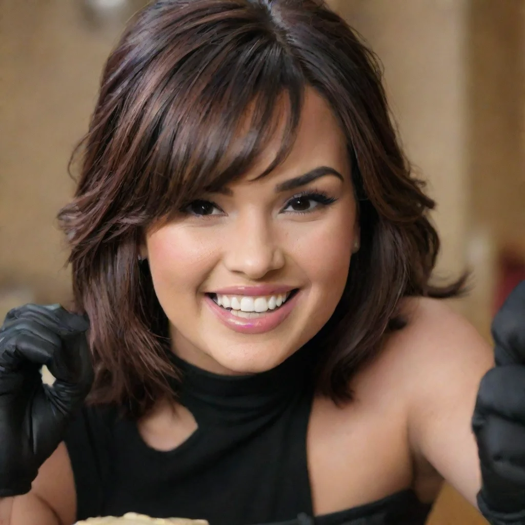 aiamazing demi lovato from camp rock smiling with black gloves and gun squirting  mayonnaise awesome portrait 2