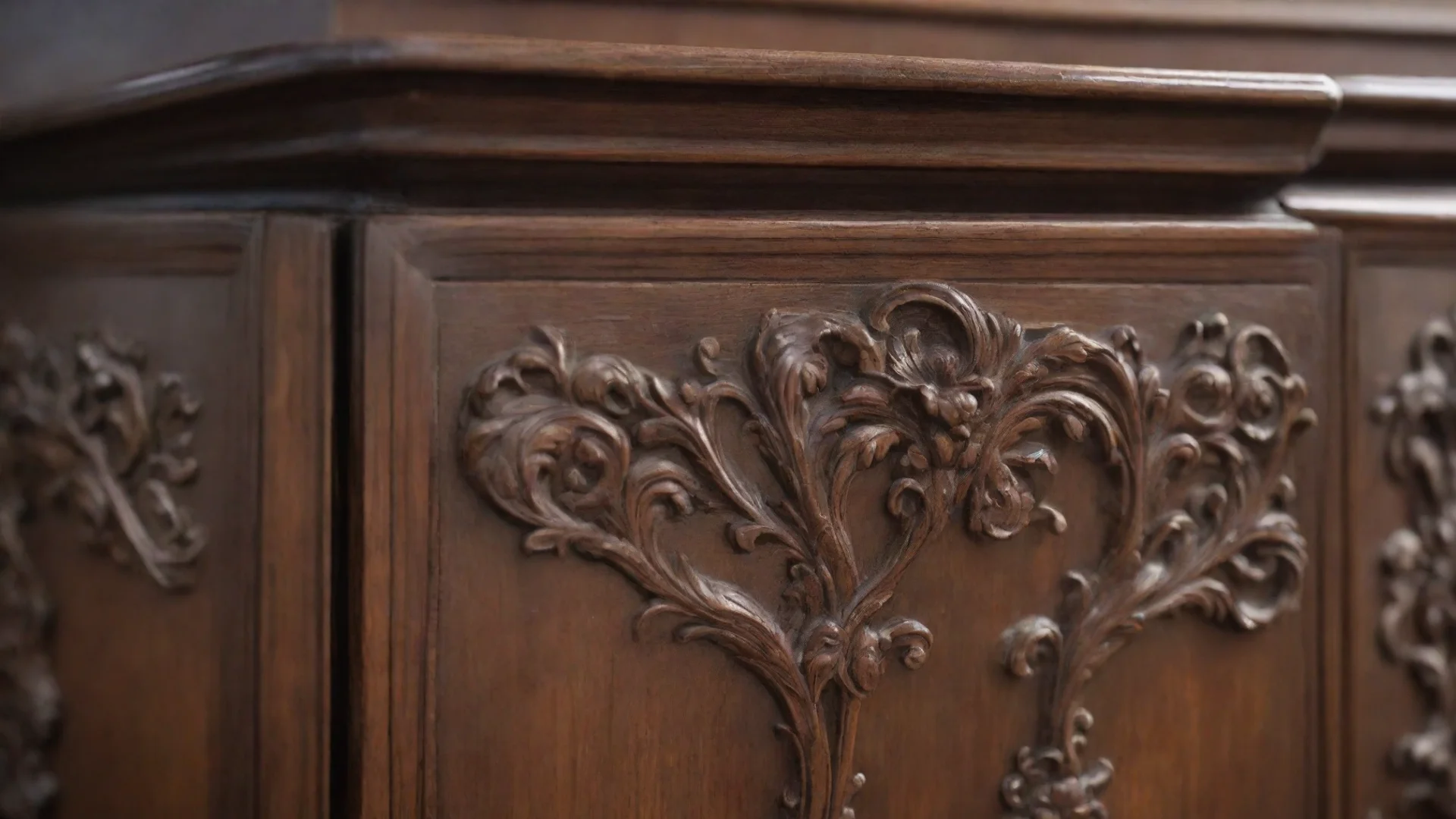 aiamazing detail view of an ornate wooden cabinet dark brown at the edge blurred with high craftsmanship awesome portrait 2 hdwidescreen