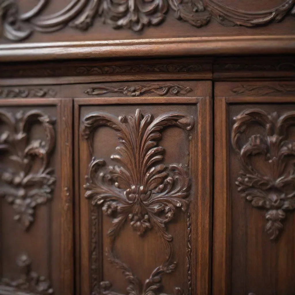 aiamazing detail view of an ornate wooden cabinet dark brown at the edge blurred with high craftsmanship awesome portrait 2